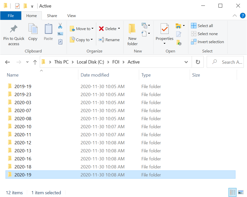 Windows File Explorer showing FOI file folders.